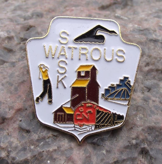 Watrous Saskatchewan Canada Canadian Tourist Golf Train Swimming Pin Badge