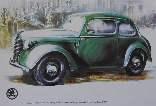 Skoda Popular 995 1939 Picture Car Vladimir Bidlo Skoda Printed Illustration - Badgecrazy