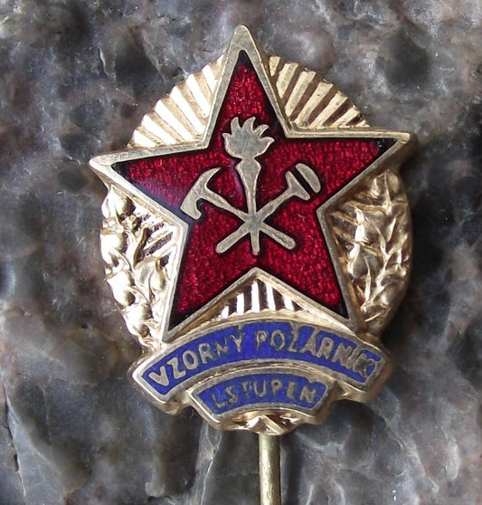 Antique CSPO Czech Fireman Excellent Fire Fighter Fireman Award Pin Badge - Badgecrazy