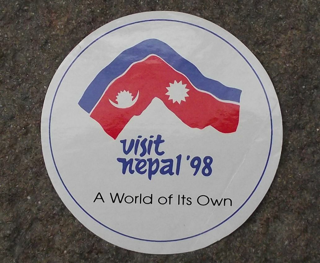 1998 Visit Nepal A World of its Own National Tibet Tourism Sticker Flags Decal - Badgecrazy
