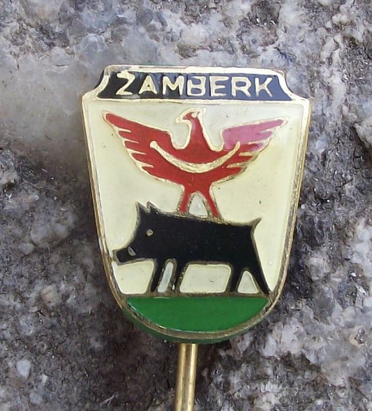 Zamberk Senftenberg Wild Boar Pig Red Spread Eagle Town Coat of Arms Pin Badge