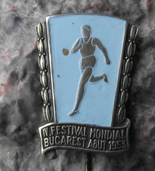 1953 IV 4th Festival Mondial Bucharest WFDY Romania Sports Runner Pin Badge