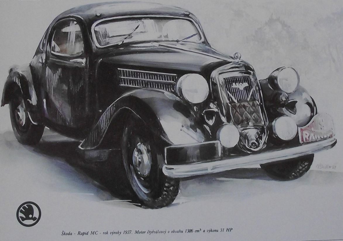 Skoda Rapid MC 1937 Picture Car Vladimir Bidlo Printed Illustration - Badgecrazy