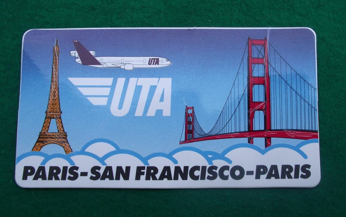 1986 UTA French Airlines San Franciso Paris Eiffel Golden Gate Sticker Decal - Badgecrazy