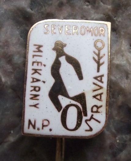 Antique Severomoravsy Mlekarny Ostrava Milk Dairy Company Churn & Man Logo Pin - Badgecrazy