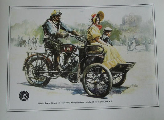 Laurin Klement 1907 Motor Tricycle Vladimir Bidlo Skoda Printed Illustration - Badgecrazy