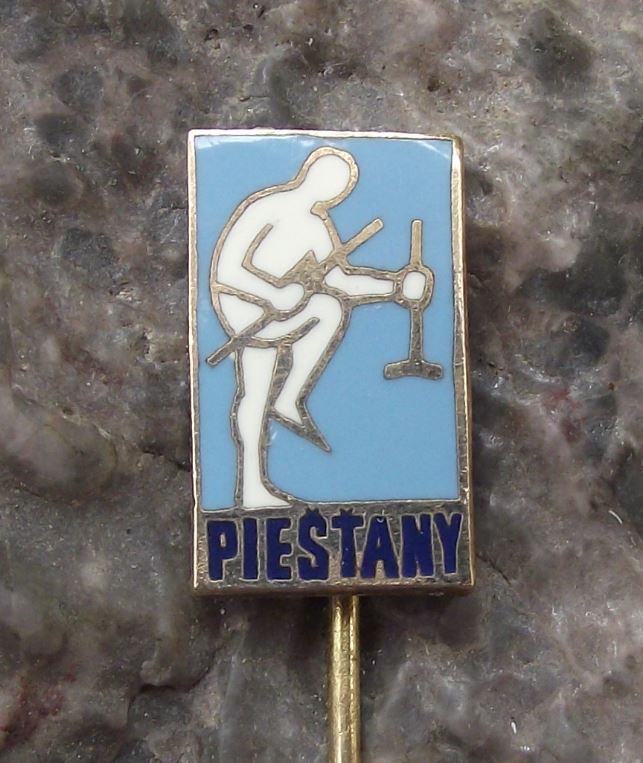Piestany Man Breaking Walking Stick Crutch Health Spa Czechoslovakia Pin Badge - Badgecrazy