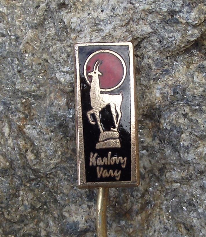 Karlovy Vary Karslbad Carlsbad Czech Spa City Deer on Rock Red Moon Pin Badge - Badgecrazy