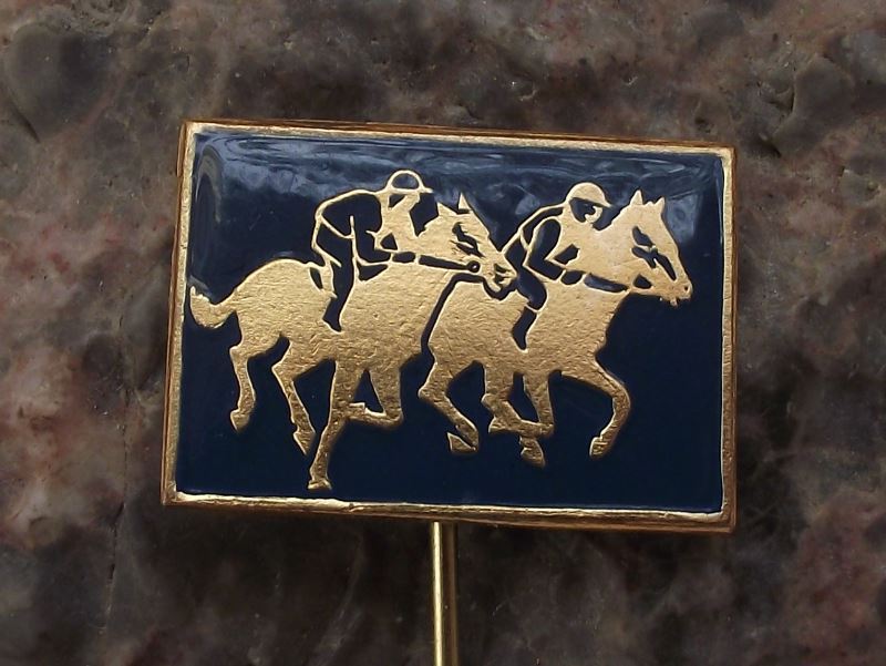 Pair of Jockies & Race Horses Racing Galloping Running to Finish Line Pin Badge - Badgecrazy
