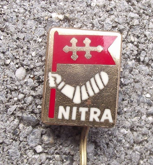 Nitra Slovakia Armoured Arm Holding Double Cross Flag Heraldic Crest Pin Badge - Badgecrazy