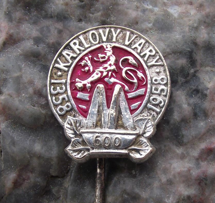 1958 Karlovy Vary White Lion Heraldic Crest 600th Anniversary Pin Badge - Badgecrazy