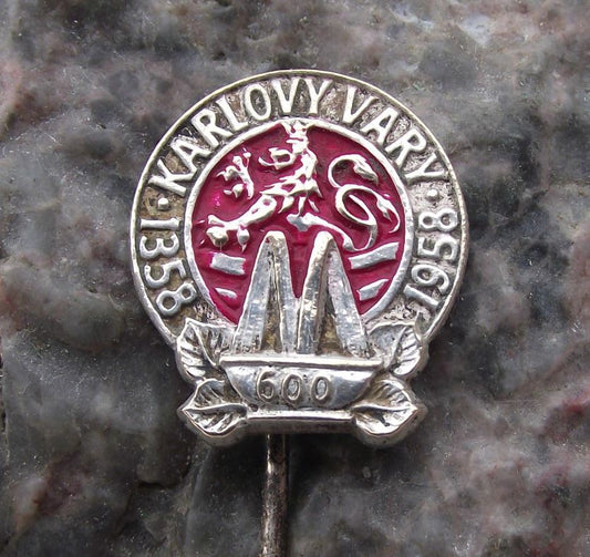 1958 Karlovy Vary White Lion Heraldic Crest 600th Anniversary Pin Badge - Badgecrazy