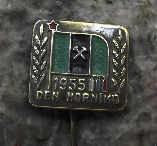 1955 National Czech Mining Miners Day Den Horniku Coal Mine Flag Pin Badge