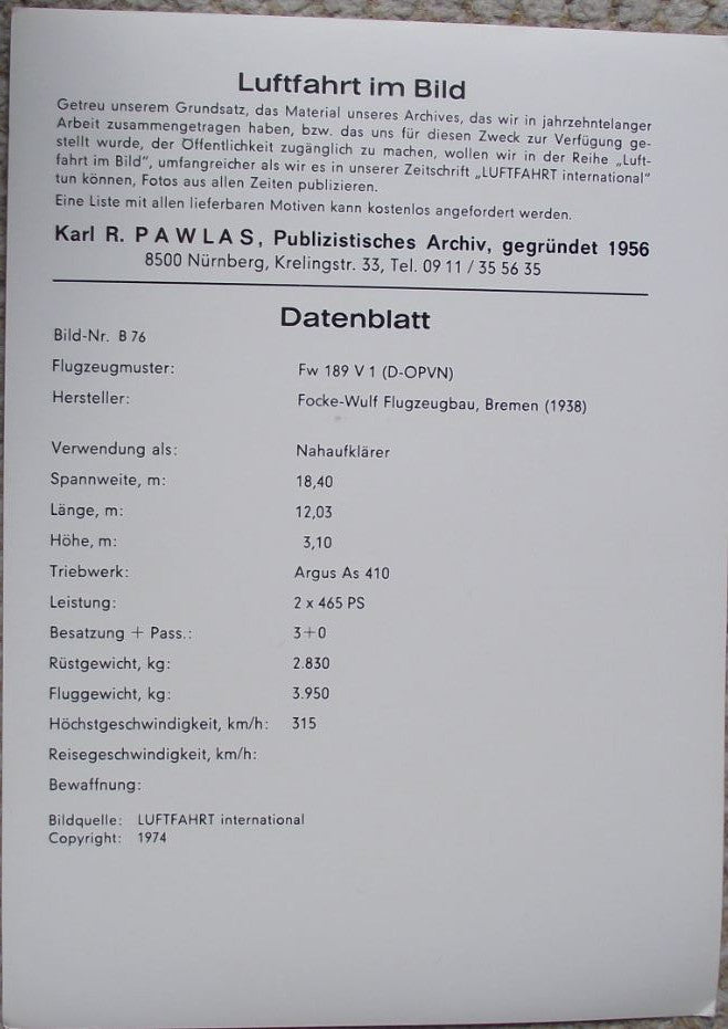 1974 Focke Wulf Fw 189 WW2 Twin Boom Reconnaissance Aircraft Photographic Plate - Badgecrazy