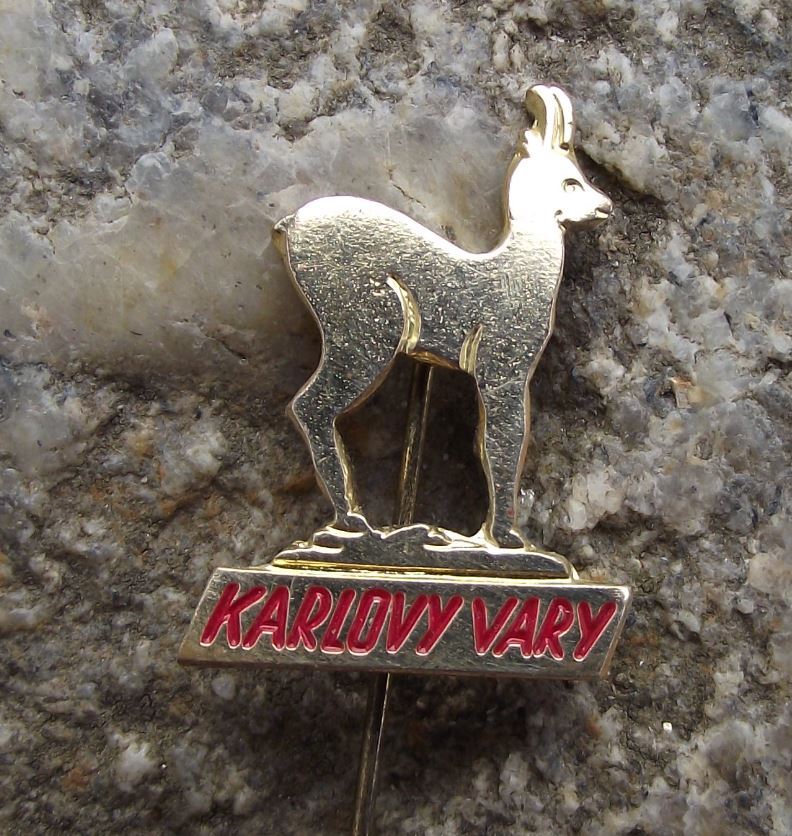 Antique Karlovy Vary Carlsbad Deer Emblem Mascot Chamois Spa Town Red Pin Badge - Badgecrazy