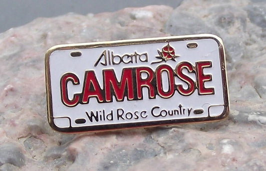 Camrose Alberta Province Canada Wild Rose Country License Plate Travel Pin Badge - Badgecrazy