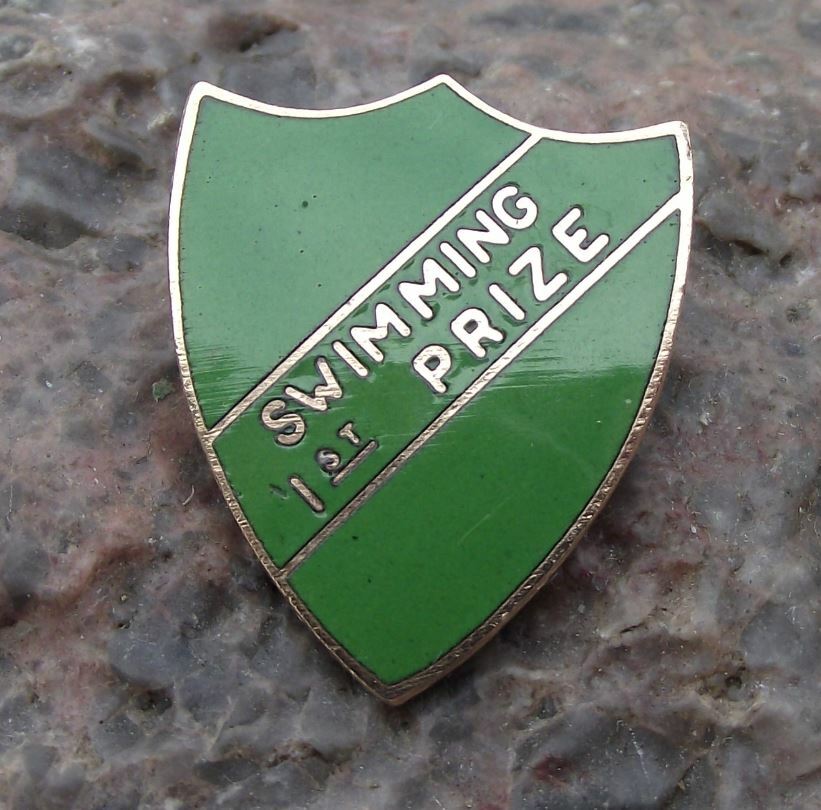 Antique School Swimming Swimmer Award 1st First Prize Green Shield Pin Badge - Badgecrazy