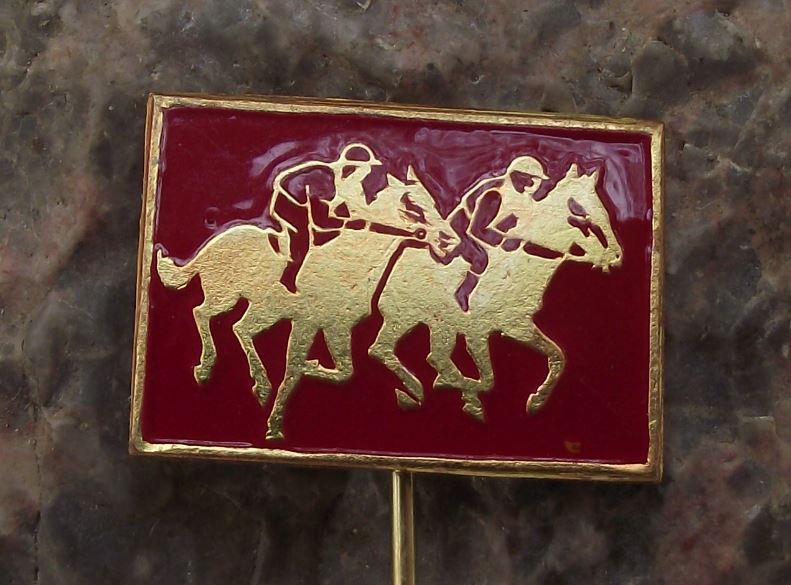 Pair of Jockies & Race Horses Racing Galloping Running to Finish Line Pin Badge - Badgecrazy