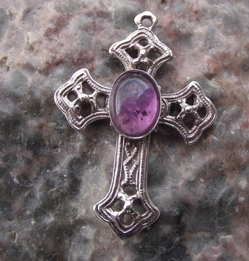 Antique Amethyst Cross Purple Stone Christian Religious Necklace Holy Charm - Badgecrazy