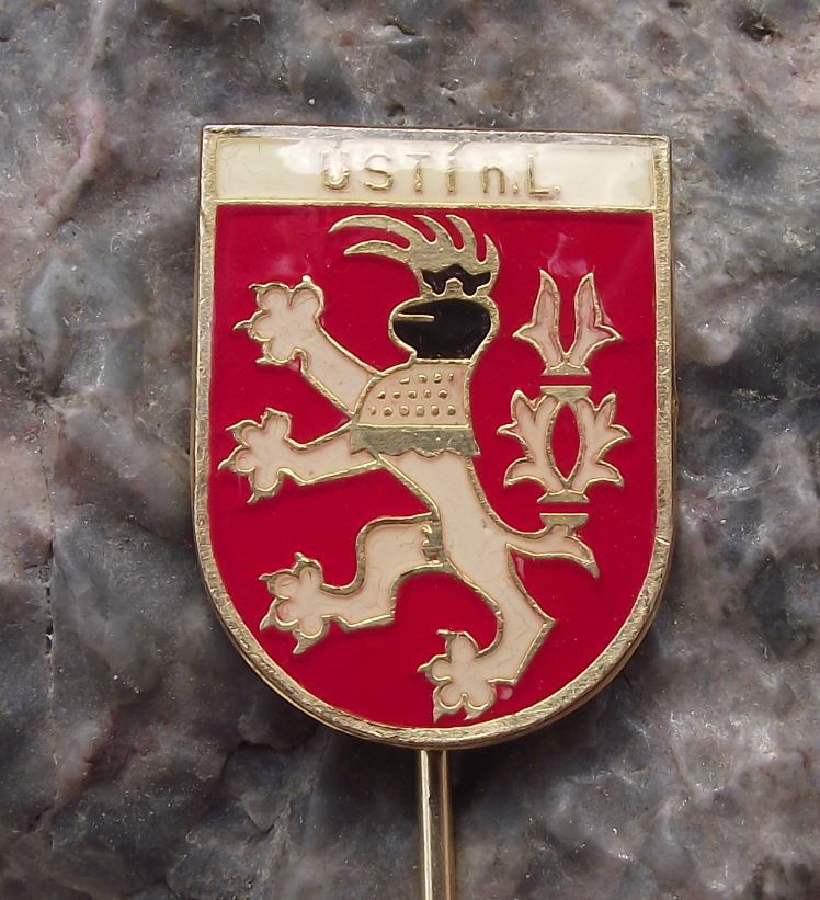 Usti nad Labem Lion with Knight Helmet Heraldic Crest Coat of Arms Pin Badge - Badgecrazy