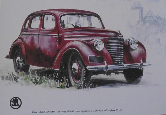 Skoda Rapid 1500 OHV 1938 Picture Car Vladimir Bidlo Printed Illustration - Badgecrazy