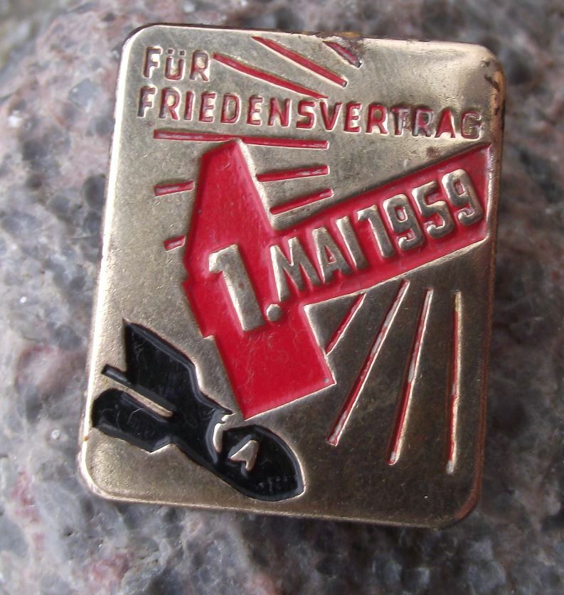 1959 Nuclear Bomb May Day East German DDR Peace Themed Celebration Pin Badge - Badgecrazy