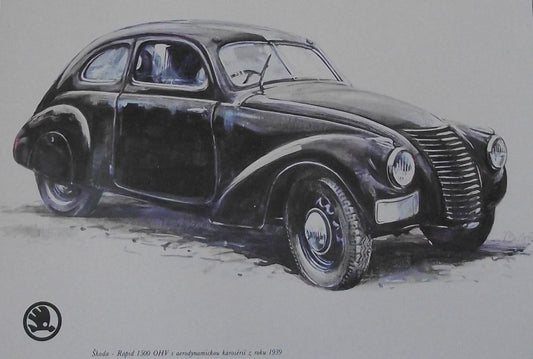 Skoda Rapid 1500 Aero OHV 1939 Picture Car Vladimir Bidlo Printed Illustration - Badgecrazy