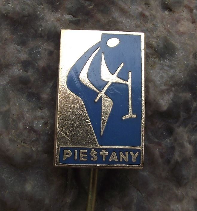 Piestany Man Breaking Walking Stick Crutch Healing Spa Souvenier Pin Badge - Badgecrazy