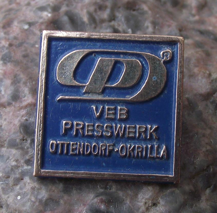 Vintage East Germany DDR VEB Presswerk Ottendorf Okrilla Company Logo Pin Badge - Badgecrazy