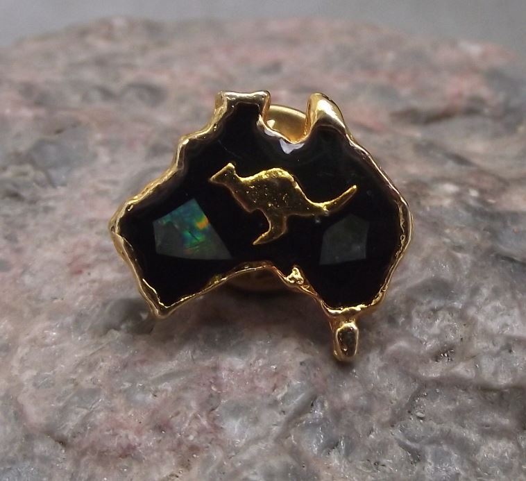 Map of Australia Golden Kangaroo with Opal Stones Inset Brooch Pin Badge - Badgecrazy