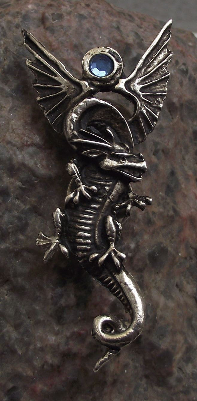 Silver Classic Dragon Flying with Plastic Jewel Treasure Brooch Pin Badge - Badgecrazy