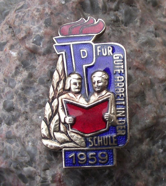 1959 Thalmann Pioneer Gute Arbeit Schule Good School Work Award DDR Pin Badge - Badgecrazy
