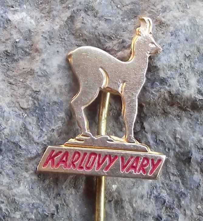 Antique Karlovy Vary Carlsbad Deer Emblem Mascot Chamois Spa Town Red Pin Badge - Badgecrazy