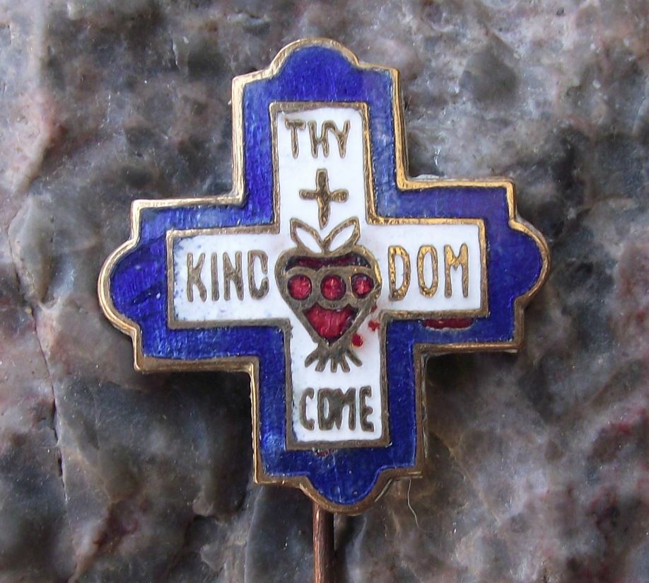Antique Thy Kingdom Come Holy Sacred Heart Cross Christian Religious Pin Badge - Badgecrazy