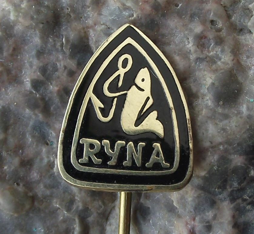 Antique Ryna Czech Fishing Tackle & Hook Makers Fish Logo Advertising Pin Badge - Badgecrazy