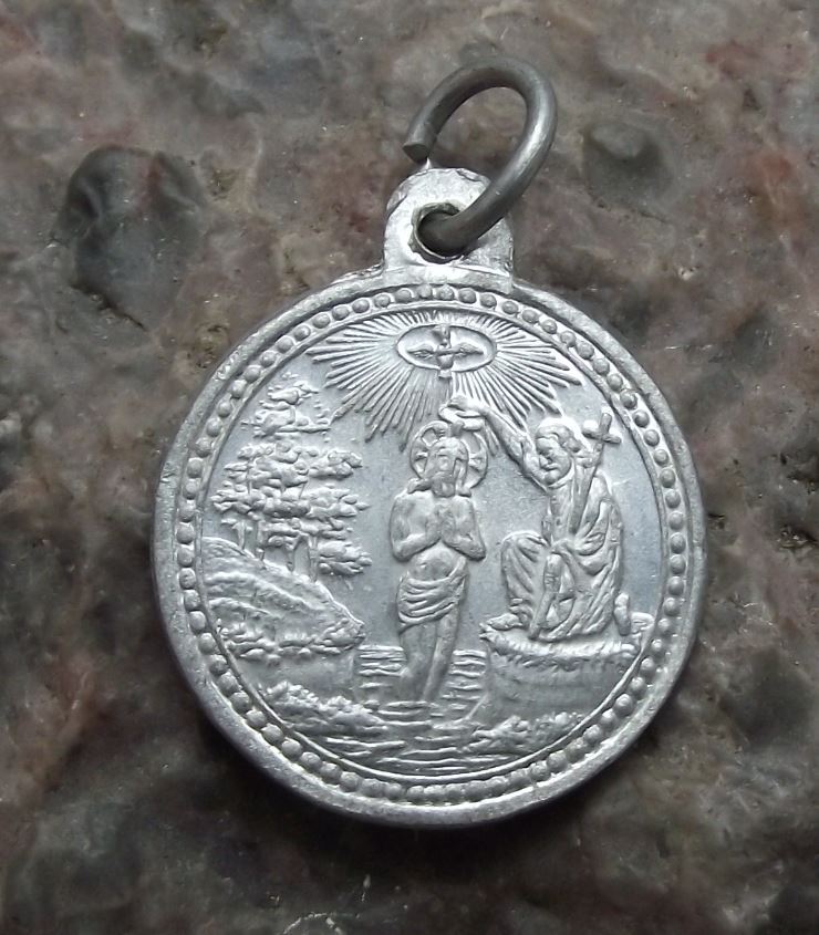 Antique Jesus Catholic Baptism Medallion Religious Necklace Bracelet Charm - Badgecrazy
