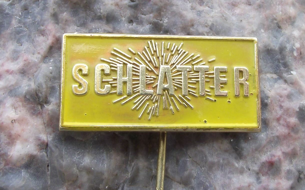 Vintage Schlatter Swiss Welding Weaving Machines Advertising Logo Pin Badge - Badgecrazy