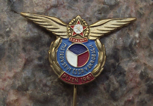 1961 Aircraft Aerobatics Stunt Aircraft Championships Svazarm Army Pin Badge - Badgecrazy