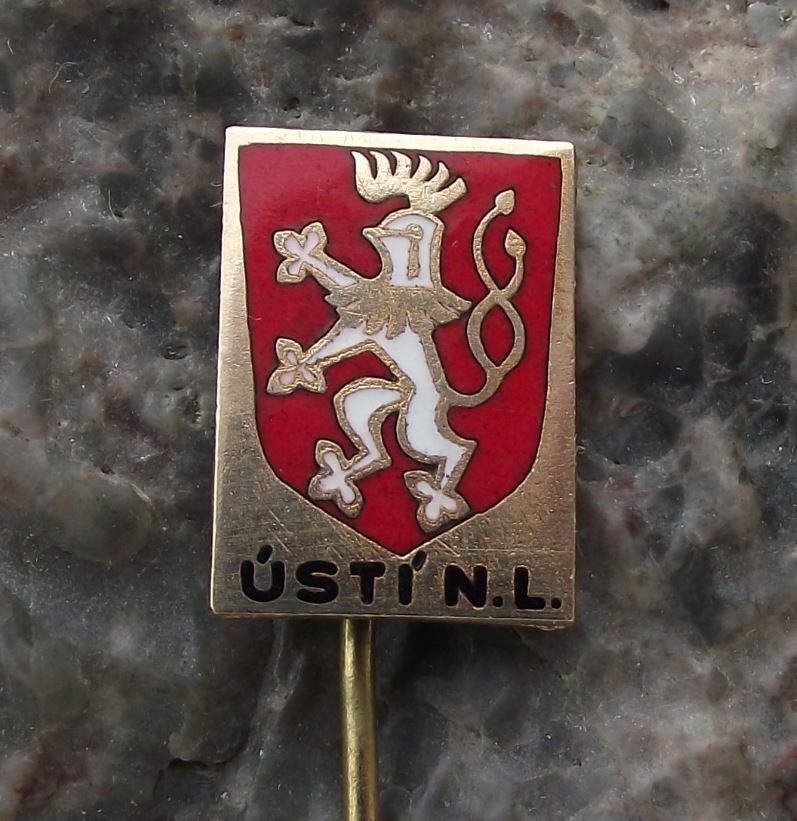 Antique Usti nad Labem Lion Knight Helmet Heraldic Crest Coat of Arms Pin Badge - Badgecrazy
