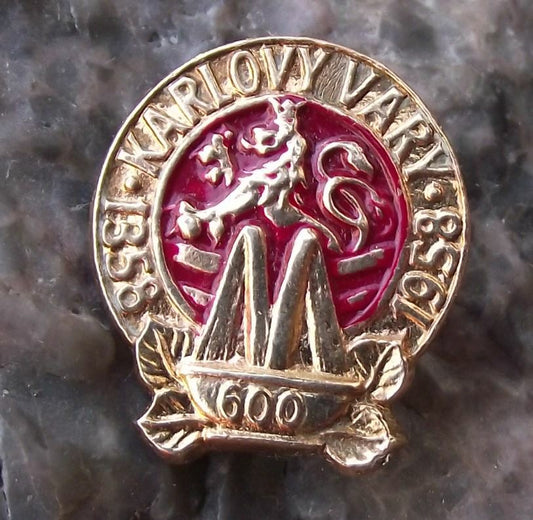 1958 Karlovy Vary White Lion Heraldic Crest 600th Anniversary Brooch Pin Badge - Badgecrazy