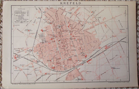 1895 Antique Map of Krefeld City Germany Plate from Brockhaus Encyclopedia