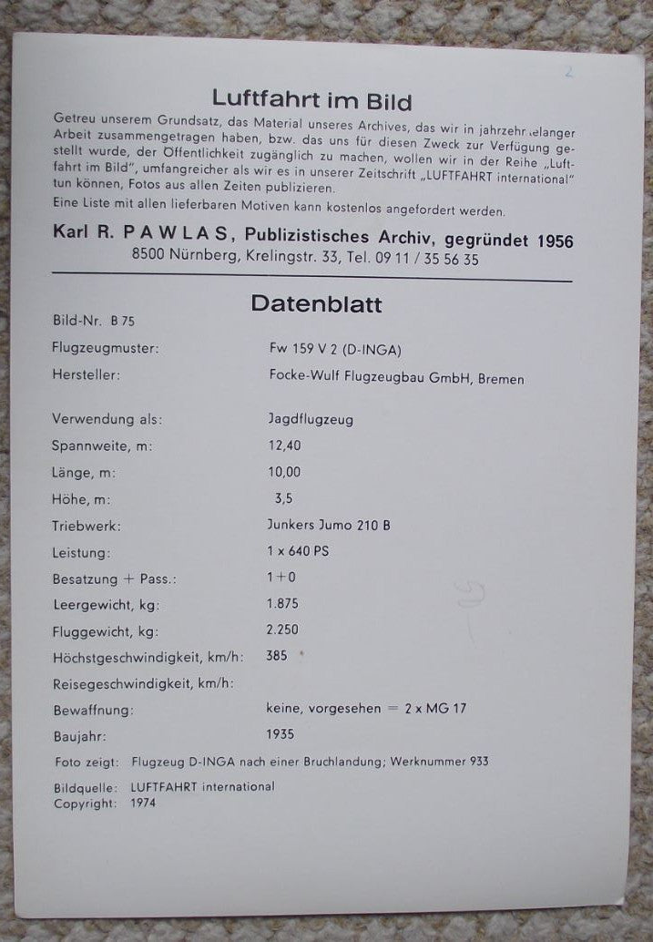 1974 Focke Wulf Fw 159 Experimental German Fighter Aircraft Photographic Plate - Badgecrazy