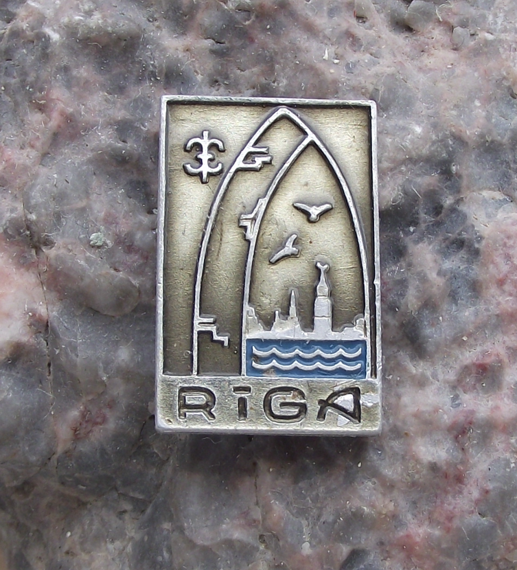 Vintage Latvia Latvija Riga Church Window over River Pin Badge