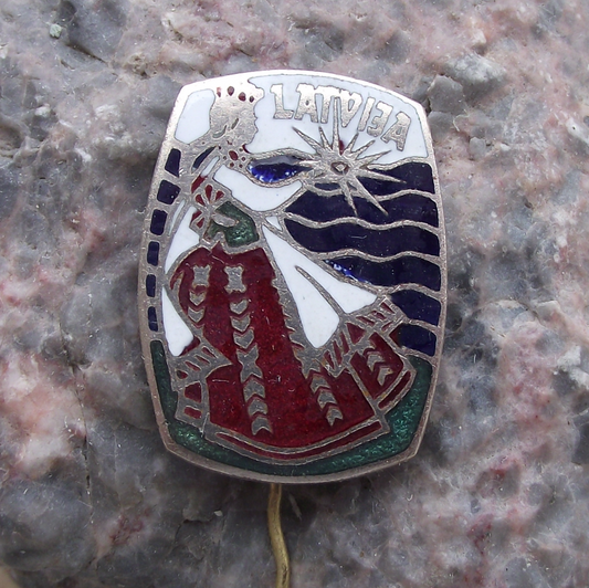 Vintage Latvia Latvian Girl Woman in National Folk Dress Tourist Pin Badge