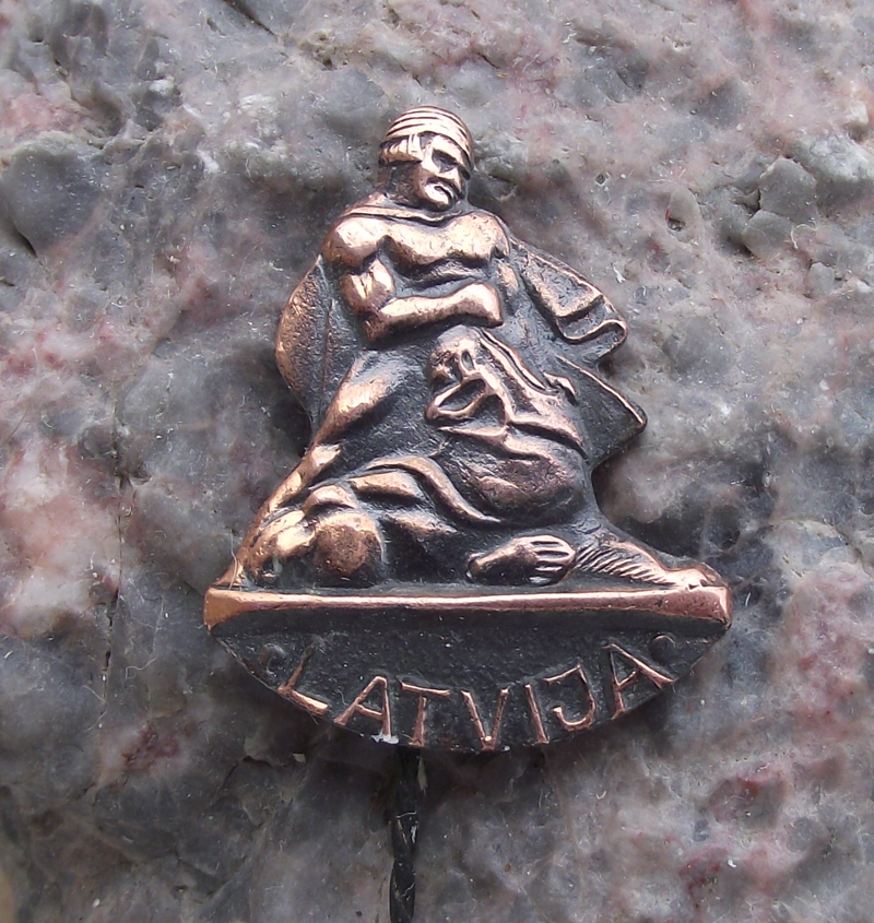 Vintage Latvia Lacplesis Baltic God Wrestling Bear Statue Pin Badge