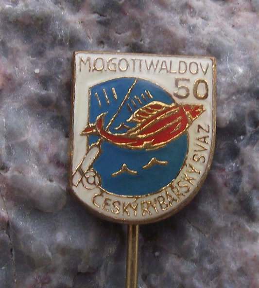 Vintage Gottwaldov Fishing Association 50th Anniversary Fish and Rod Pin Badge