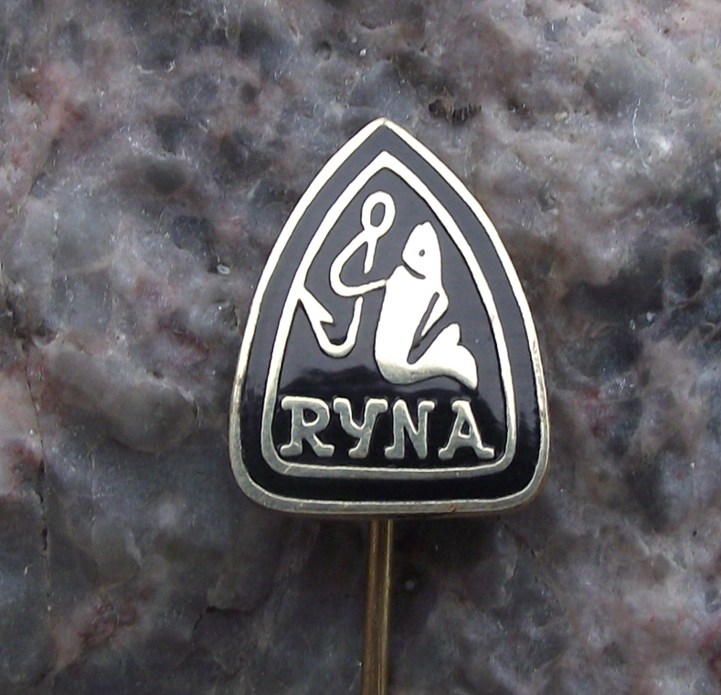 Vintage Ryna Czech Fishing Tackle & Hook Makers Fish Logo Pin Badge