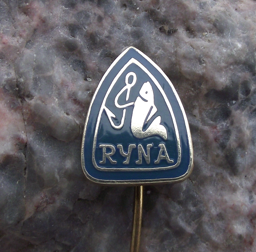 Vintage Ryna Czech Fishing Tackle & Hook Makers Fish Logo Pin Badge