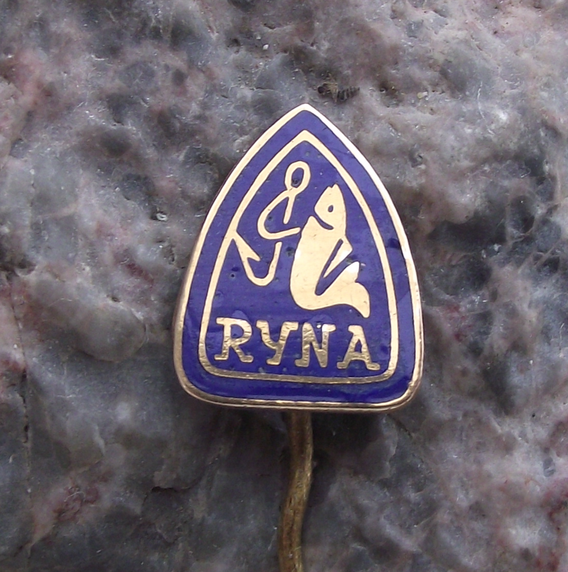 Vintage Ryna Czech Fishing Tackle & Hook Makers Fish Logo Pin Badge