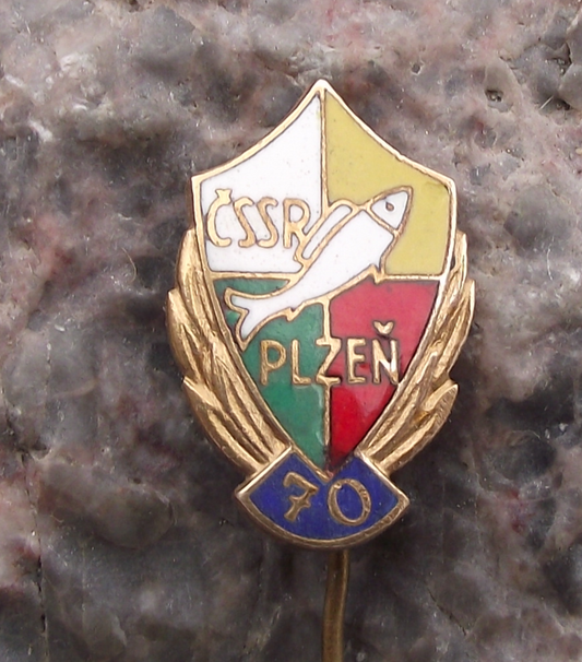 1960 Plzen Czechoslovakia Fishing Association 70th Anniversary Angling Pin Badge